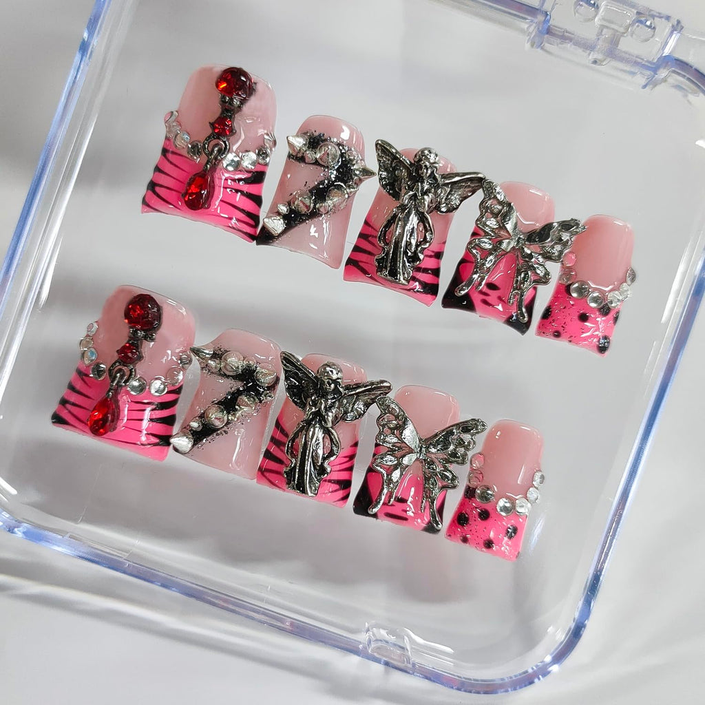 BRKYKGK Handmade Short Duck Press-On Nails | 3D Gothic Acrylic Nails with Pink French Tip, Spikes & Rhinestones