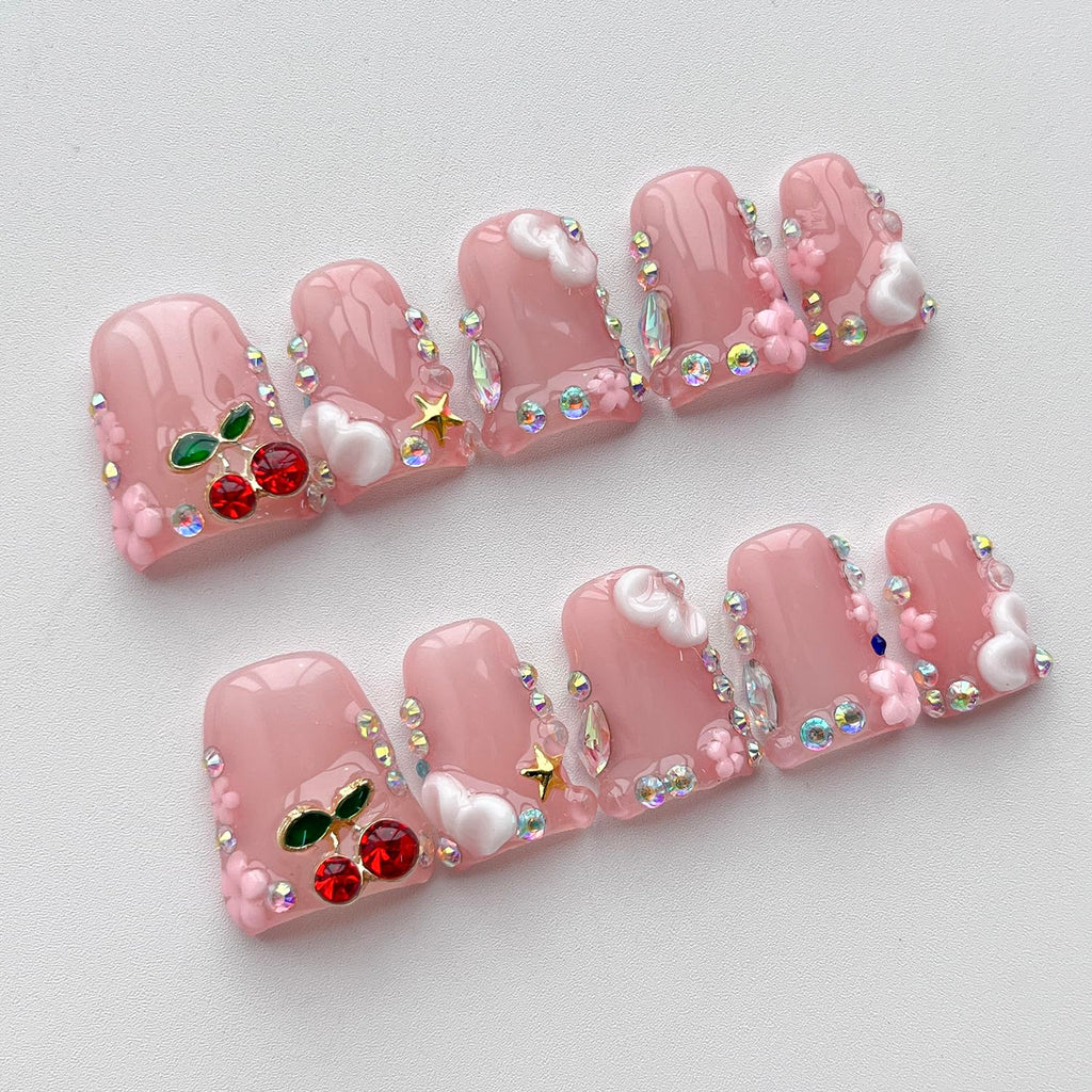 BRKYKGK Handmade Press on Nails – Short Duck French Tip, 3D Floral with Cherry Rhinestones (10 Pcs)