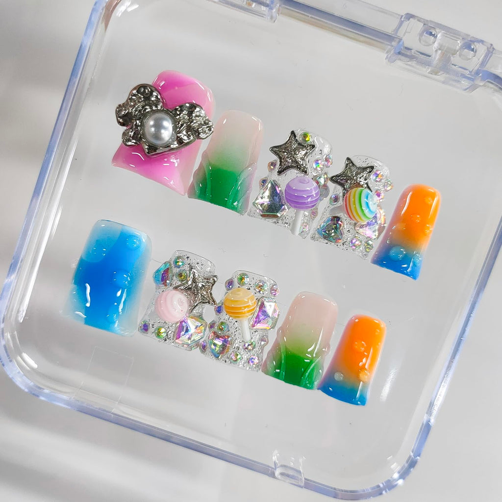 BRKYKGK Handmade Press On Nails – Short Duck 3D Design, French Tip, Candy Stars (10Pcs)