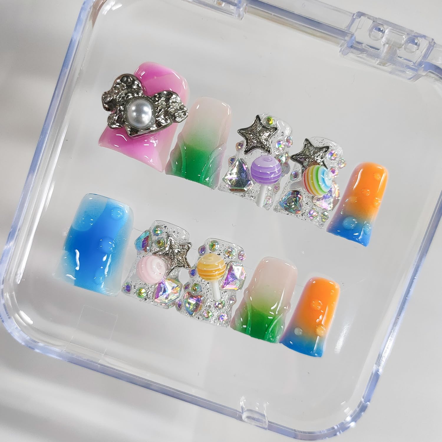 BRKYKGK Handmade Press On Nails – Short Duck 3D Design, French Tip, Candy Stars (10Pcs)