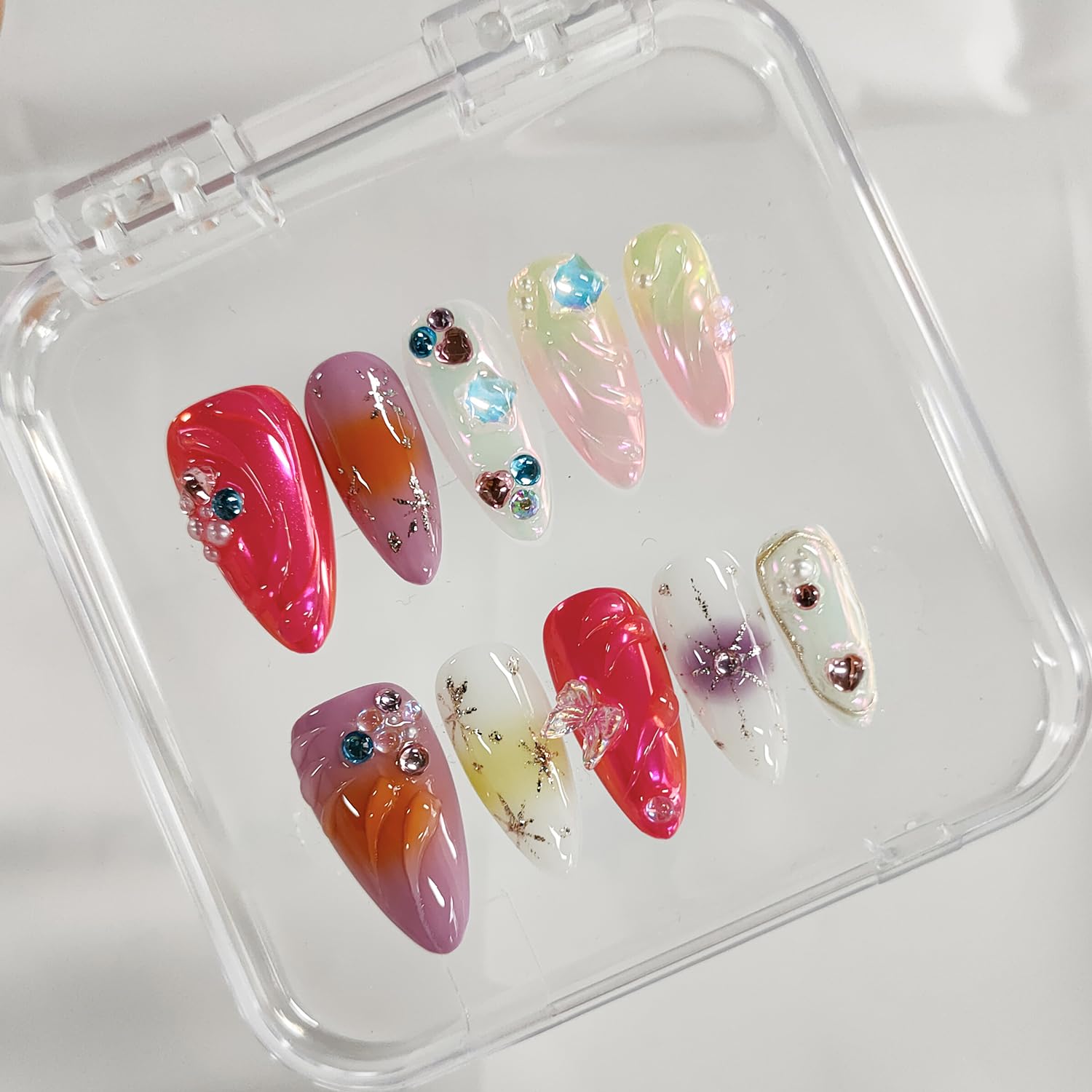 BRKYKGK Handmade Almond Medium Press-On Nails – 3D Thick Acrylic with Butterfly Rhinestones