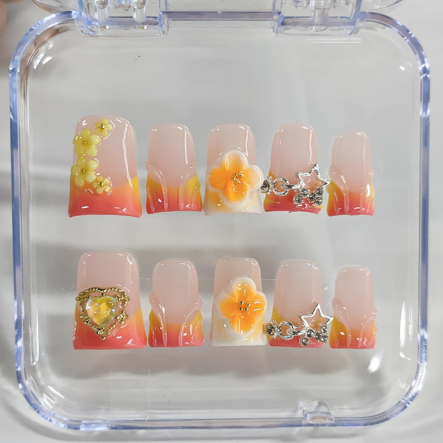 BRKYKGK Handmade Press-On Nails – Short Duck 3D Floral French Tip, Thick Orange Acrylic, 10 Pcs