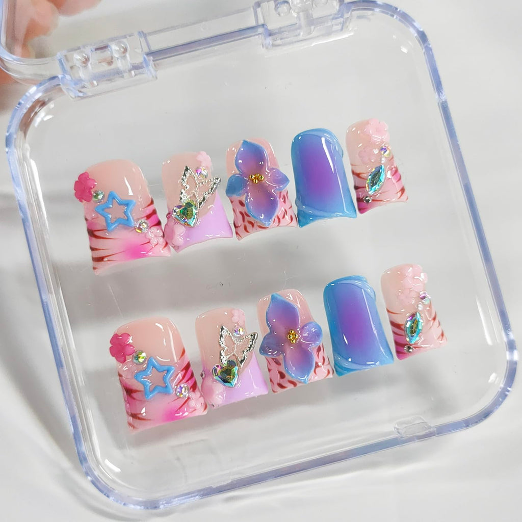 BRKYKGK Handmade Press-On Nails - Short Duck 3D Floral Thick Acrylic French Tip (Leopard, Butterfly, Stars) 10 Pcs