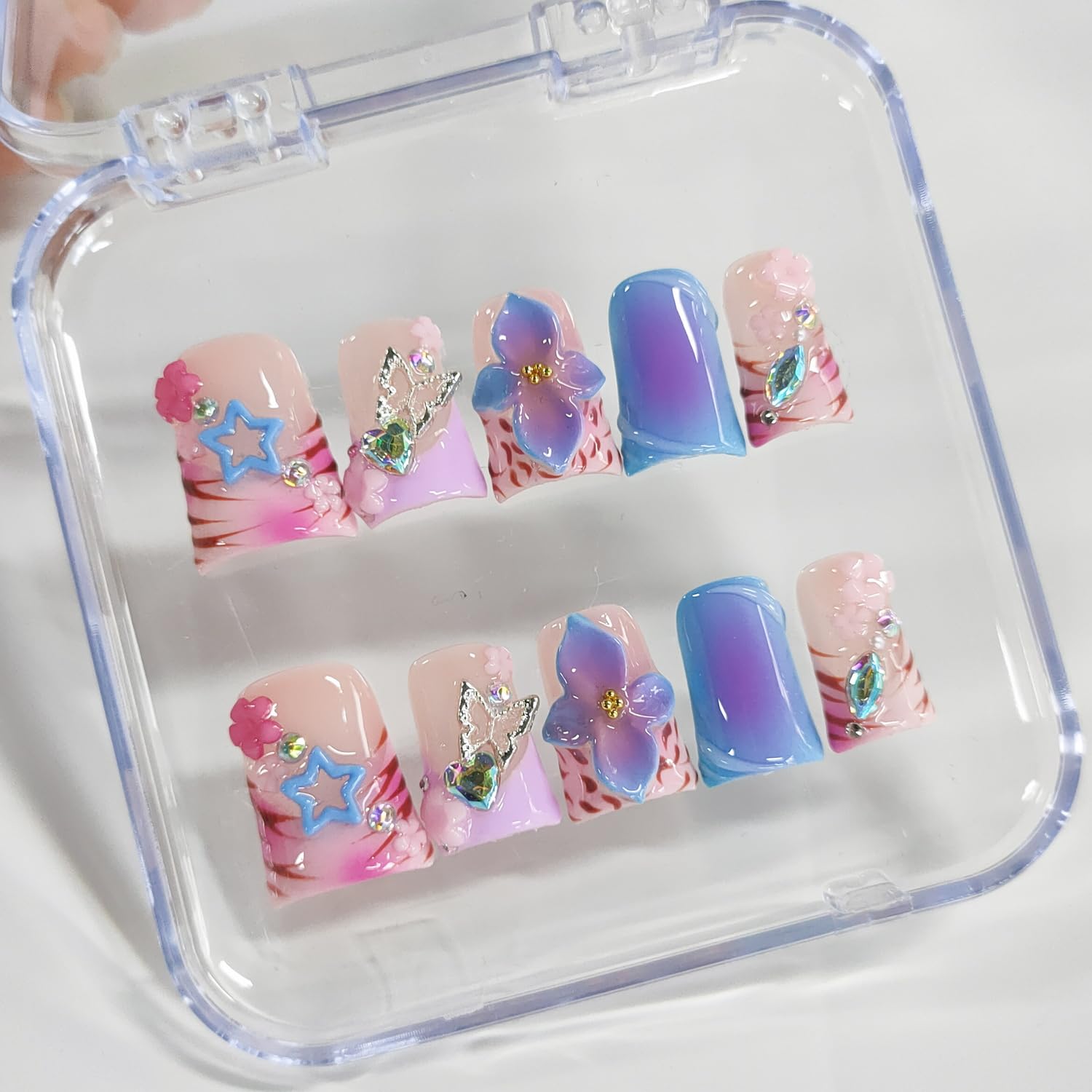 BRKYKGK Handmade Press-On Nails - Short Duck 3D Floral Thick Acrylic French Tip (Leopard, Butterfly, Stars) 10 Pcs