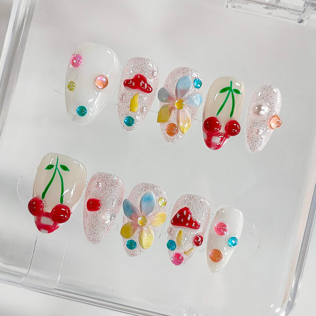 BRKYKGK Handmade Press-On Nails Almond Medium 3D Floral French Tip (10Pcs)