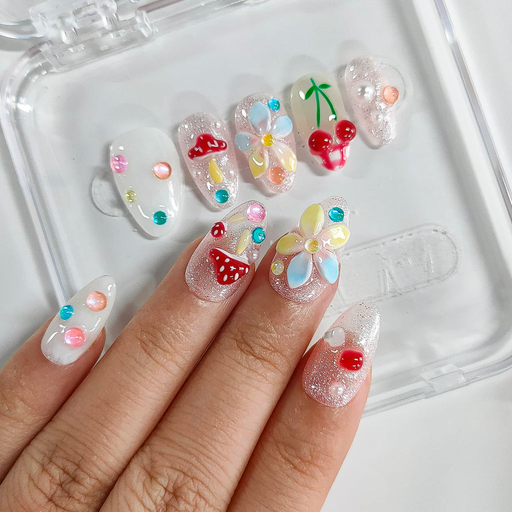 BRKYKGK Handmade Press-On Nails Almond Medium 3D Floral French Tip (10Pcs)