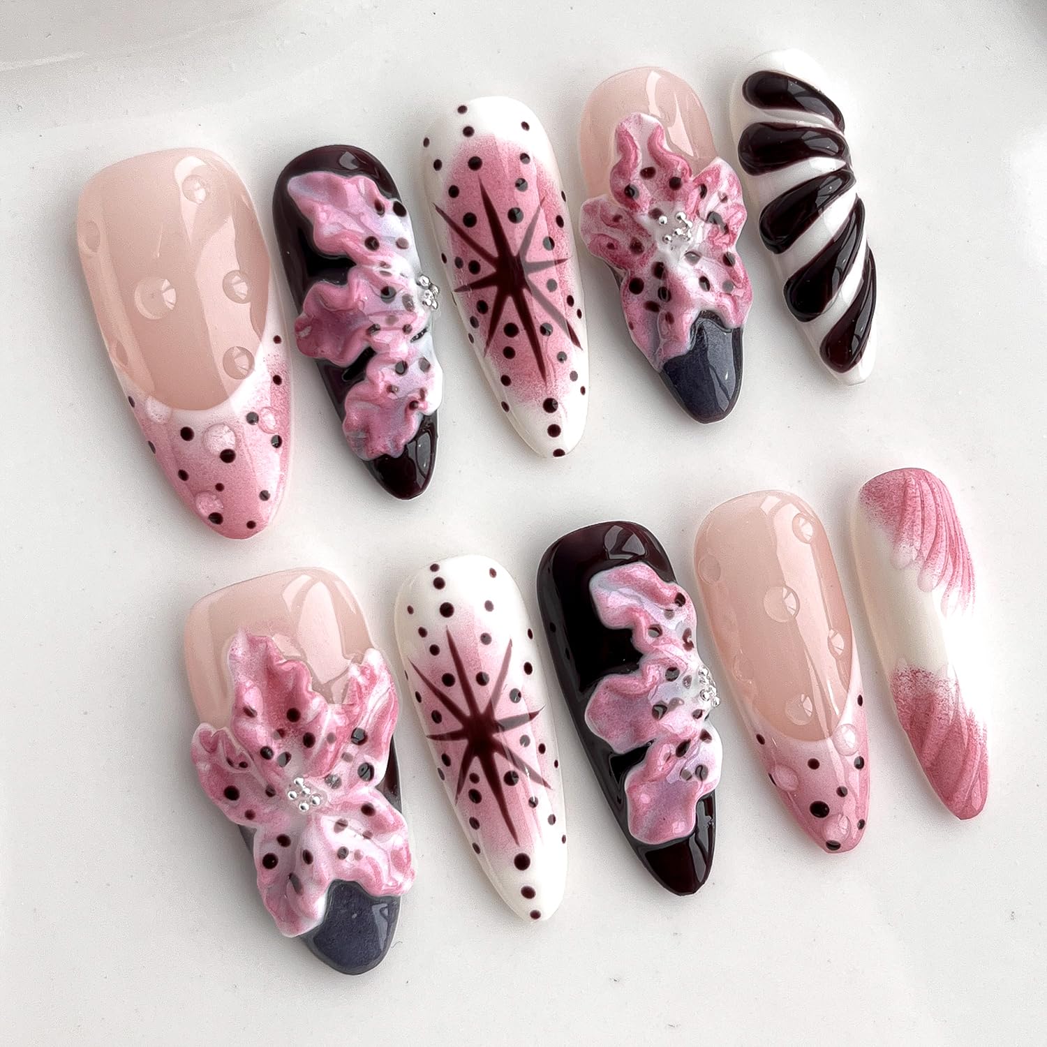 BRKYKGK Handmade Almond Medium Press-On Nails – 3D Floral & French Tip (10 Pcs)