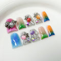 BRKYKGK Handmade Press On Nails – Short Duck 3D Design, French Tip, Candy Stars (10Pcs)