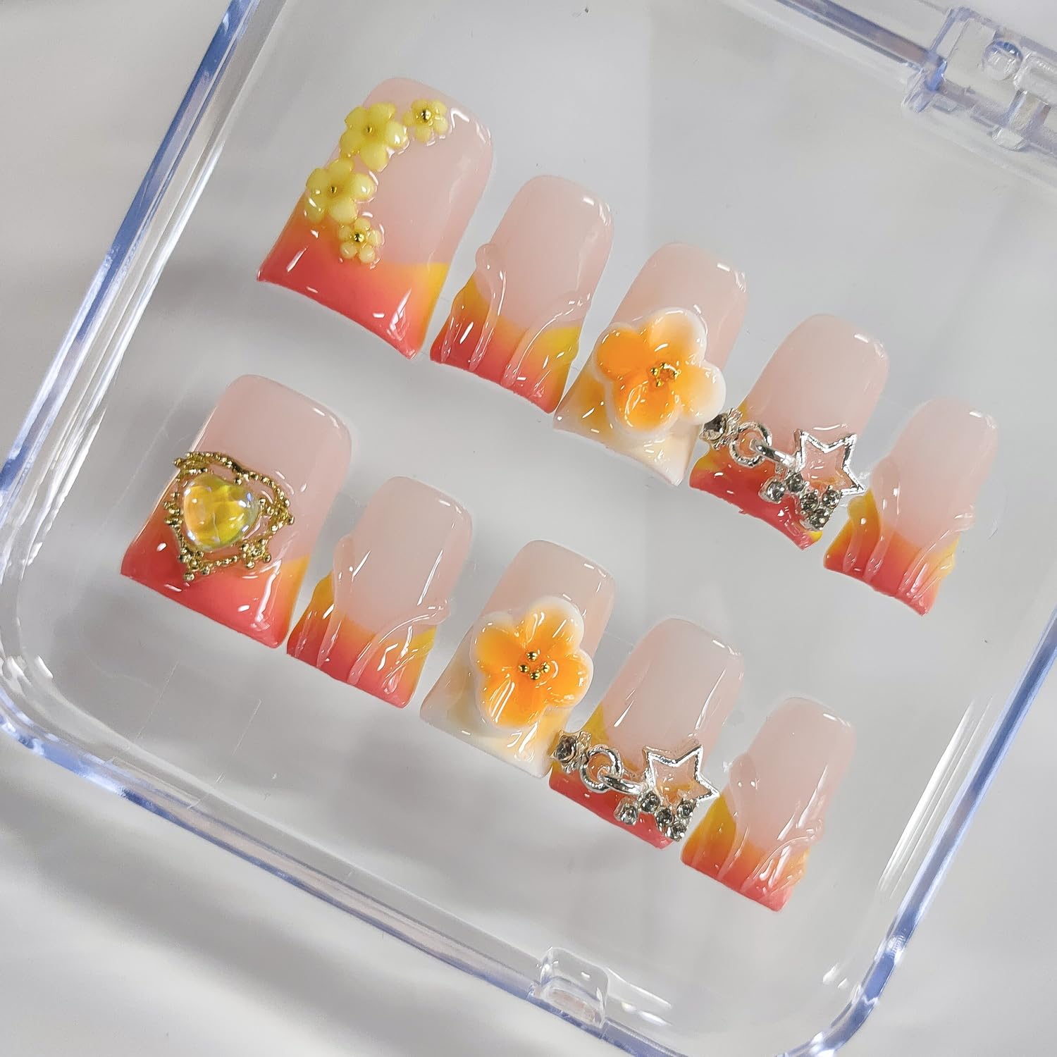 BRKYKGK Handmade Press-On Nails – Short Duck 3D Floral French Tip, Thick Orange Acrylic, 10 Pcs