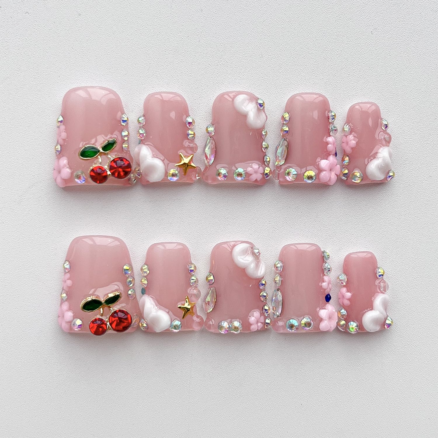 BRKYKGK Handmade Press on Nails – Short Duck French Tip Nude Pink, 3D Floral with Cherry Rhinestones (10 Pcs)