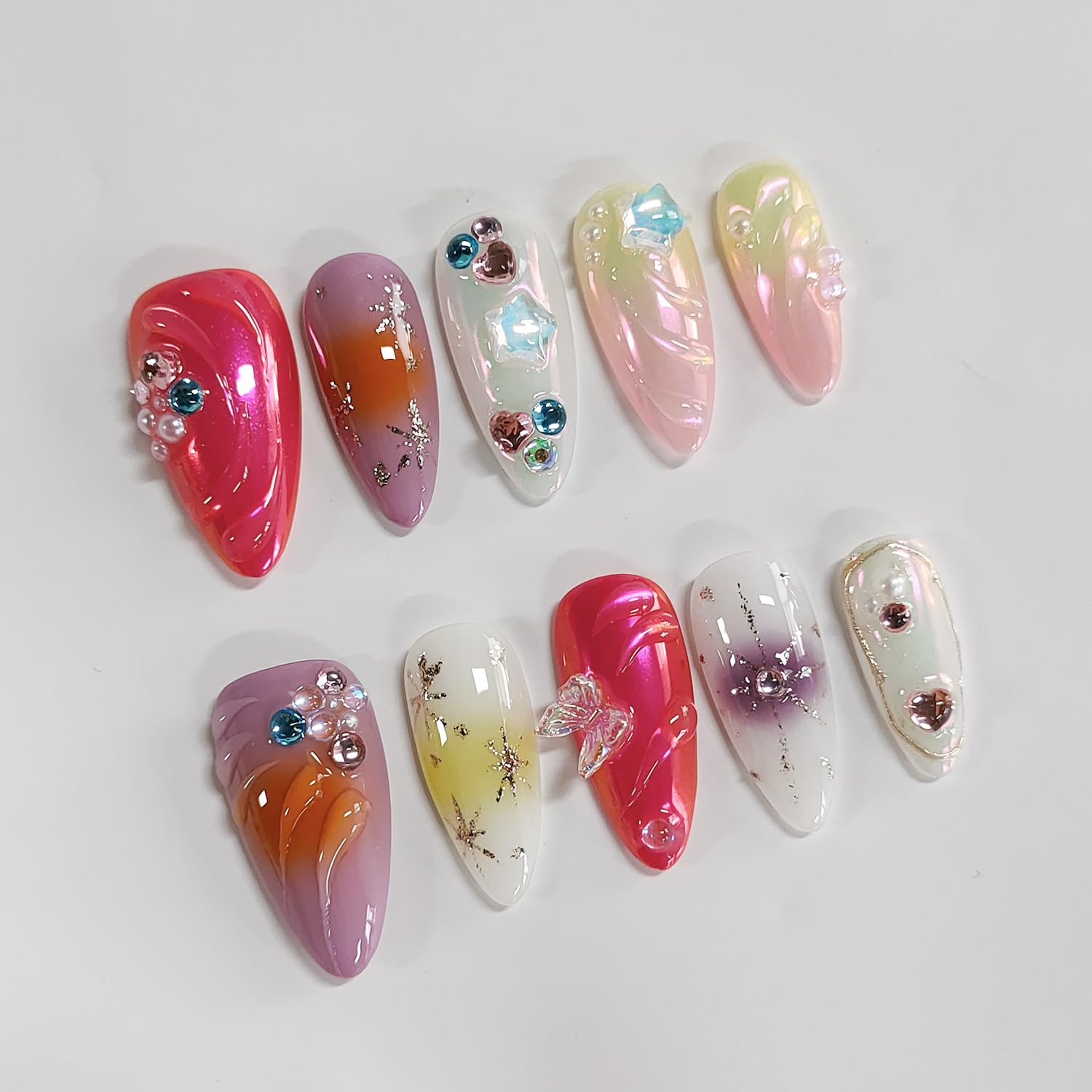 BRKYKGK Handmade Almond Medium Press-On Nails – 3D Thick Acrylic with Butterfly Rhinestones
