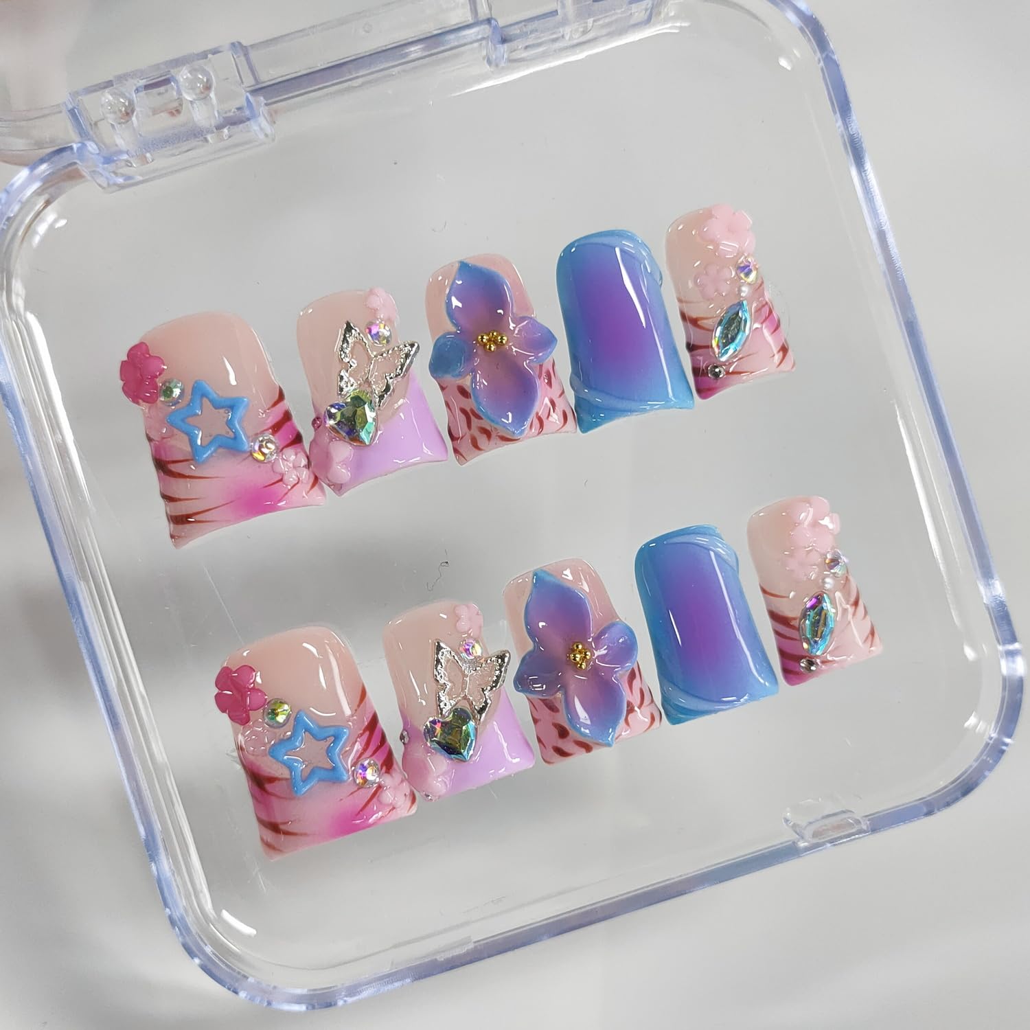 BRKYKGK Handmade Press-On Nails - Short Duck 3D Floral Thick Acrylic French Tip (Leopard, Butterfly, Stars) 10 Pcs