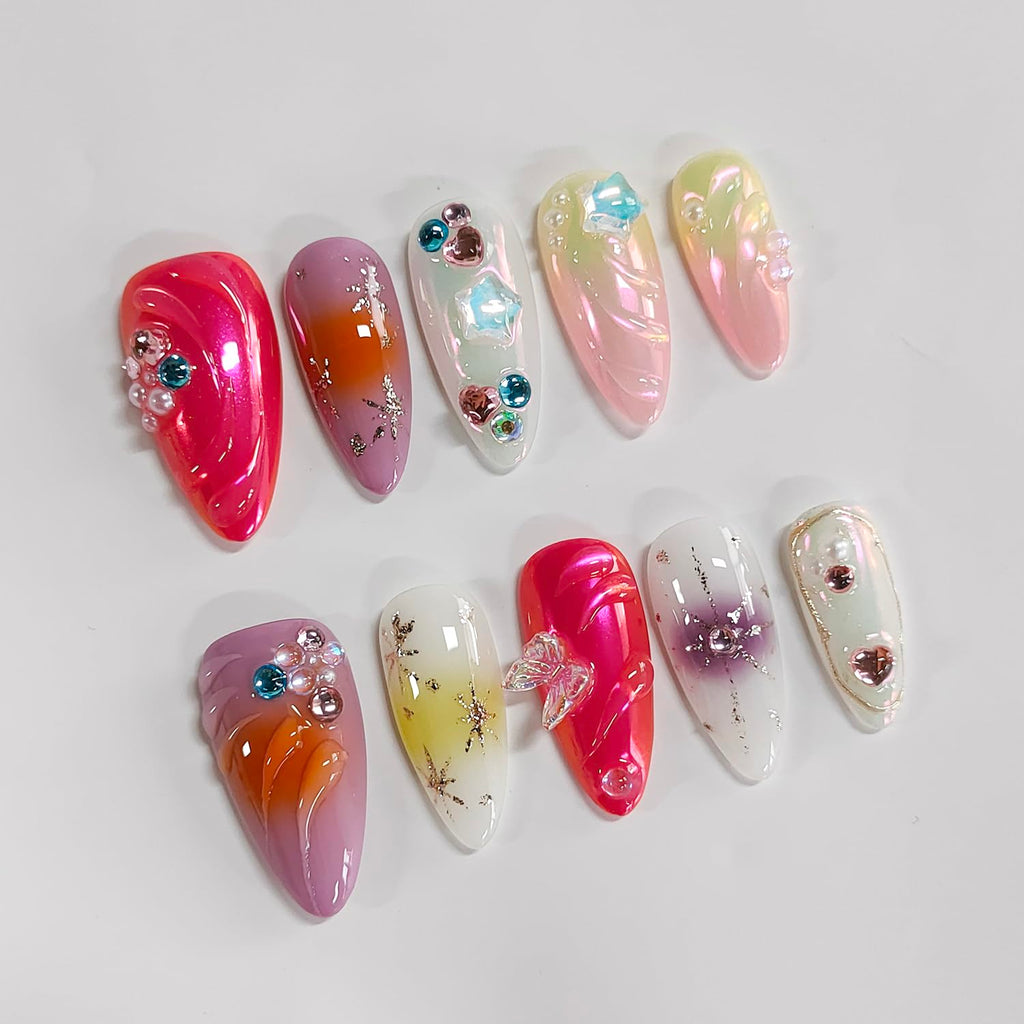 BRKYKGK Handmade Press on Nails – Almond Medium 3D Thick Acrylic with Butterfly Rhinestones (10 Pcs)