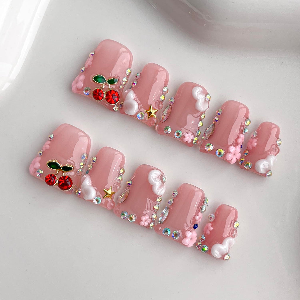 BRKYKGK Handmade Press on Nails – Short Duck French Tip, 3D Floral with Cherry Rhinestones (10 Pcs)
