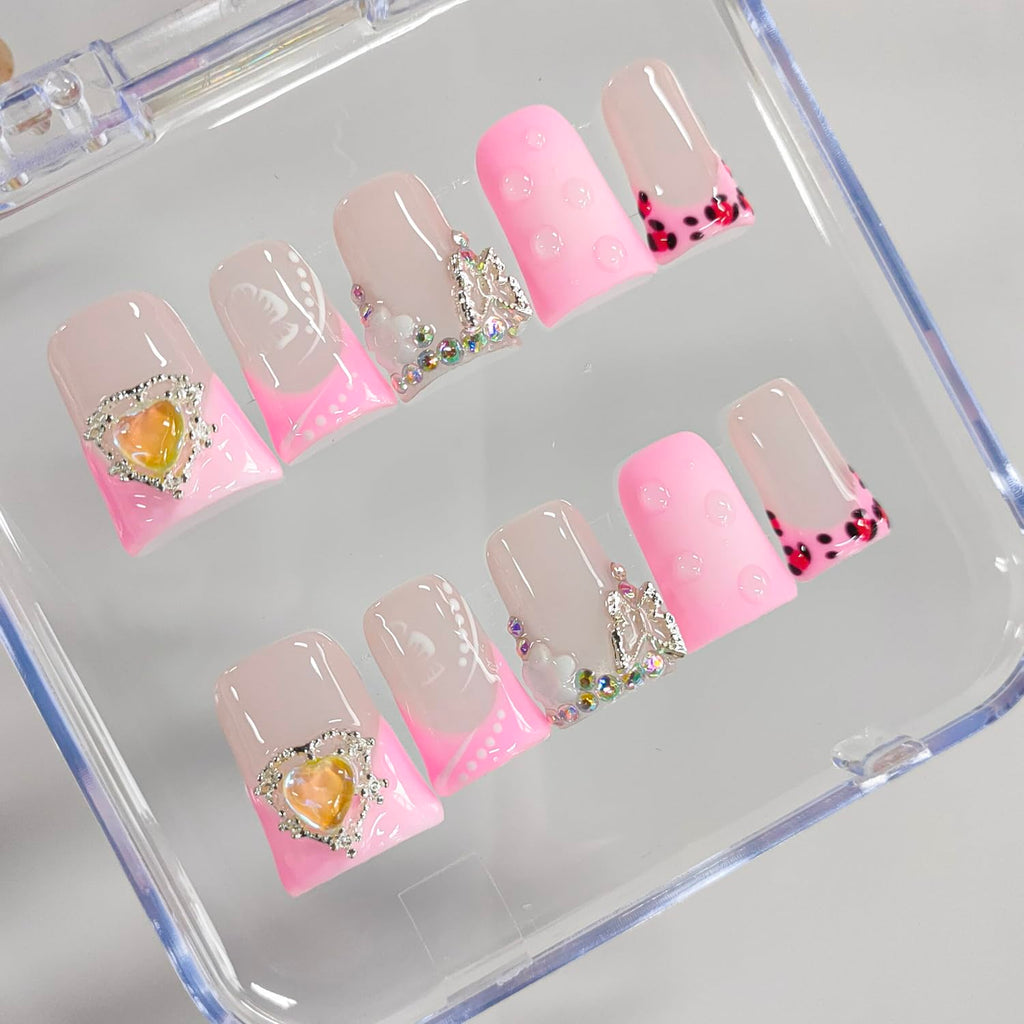 BRKYKGK Handmade Press On Nails – Short Duck 3D Floral French Tip with Hibiscus Rhinestones (10 Pcs)