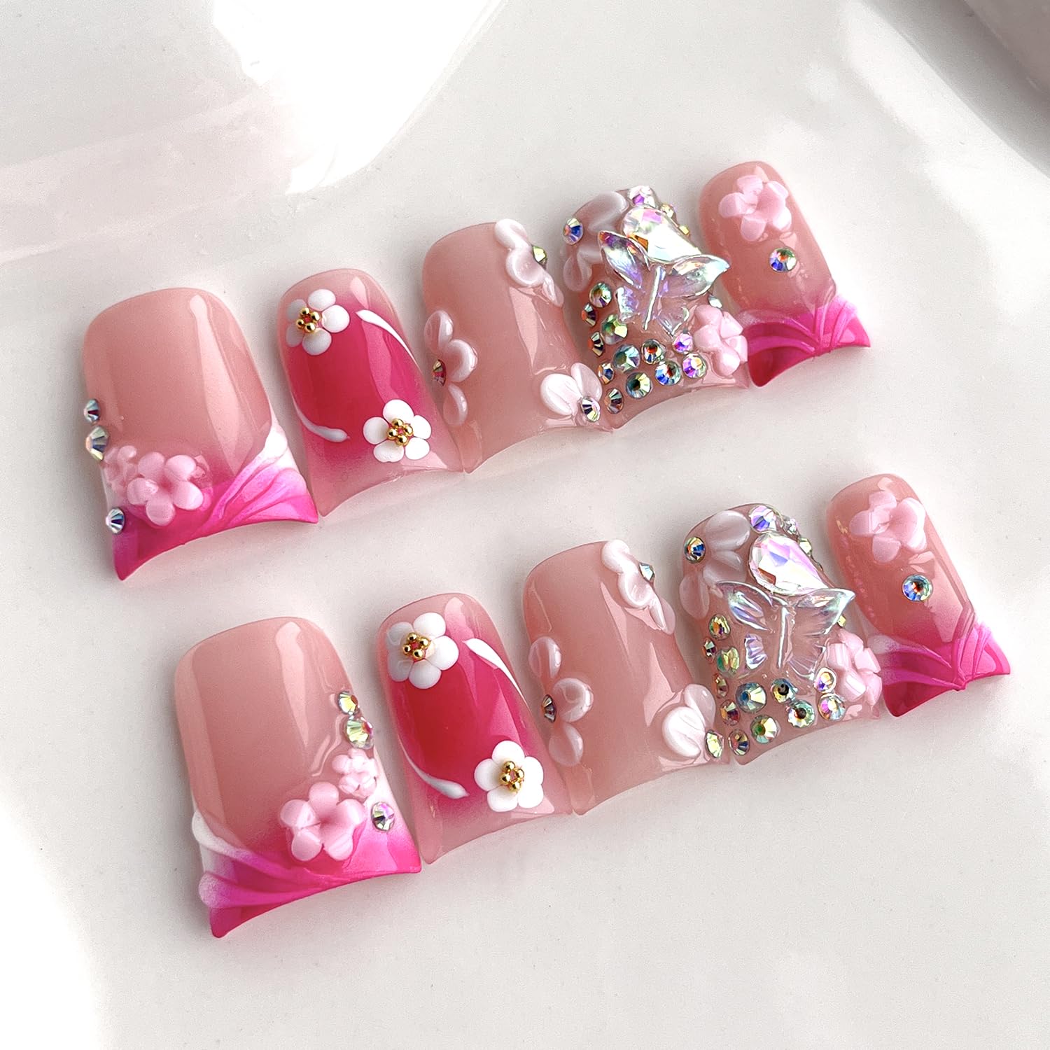 BRKYKGK Pink Duck Press-On Nails – Short French Tip 3D Floral with Butterfly Rhinestones (10 Pcs, M)