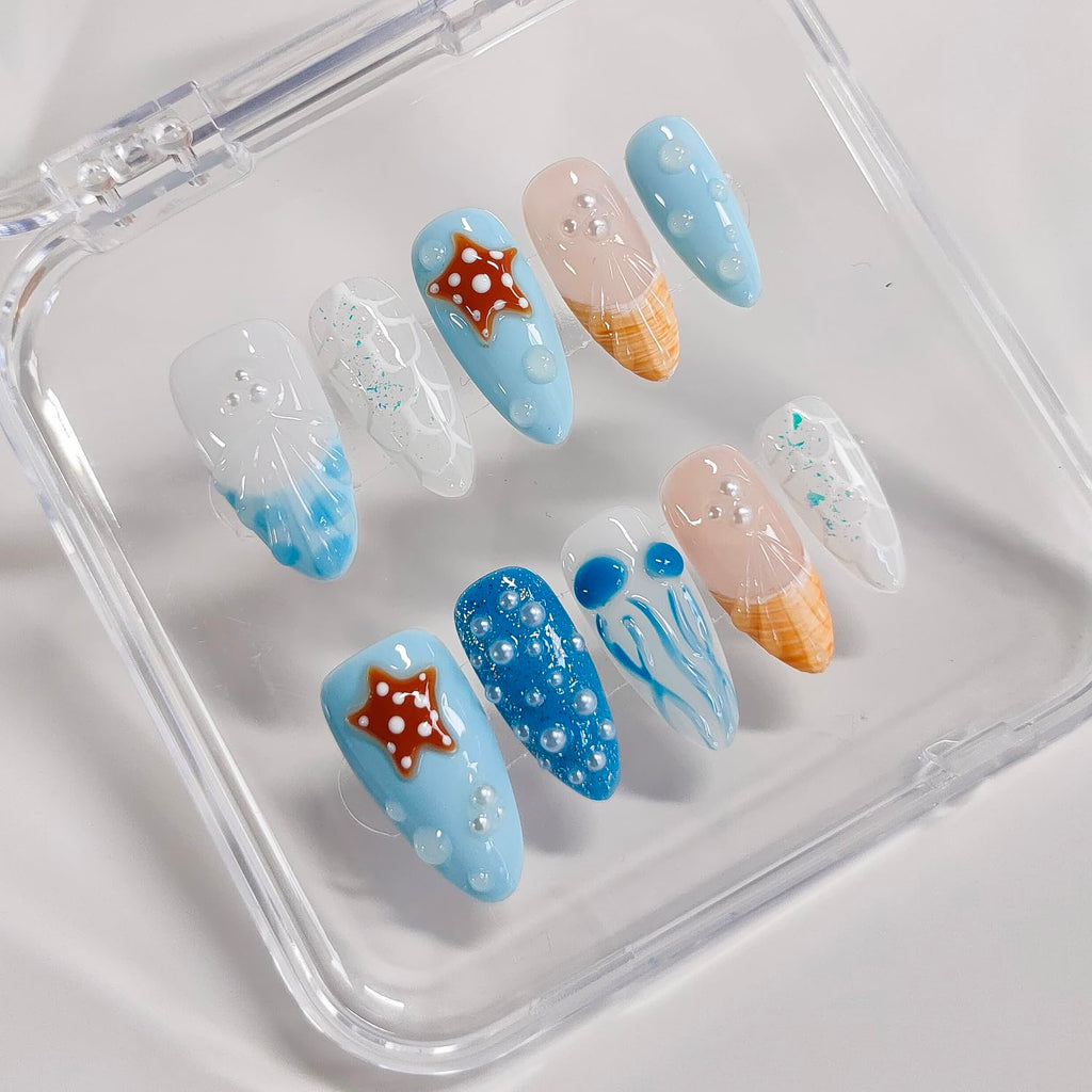 BRKYKGK 3D Handmade Press On Nails – Almond Medium Length, Blue French Tip with Jellyfish Pearls | 10 Pcs