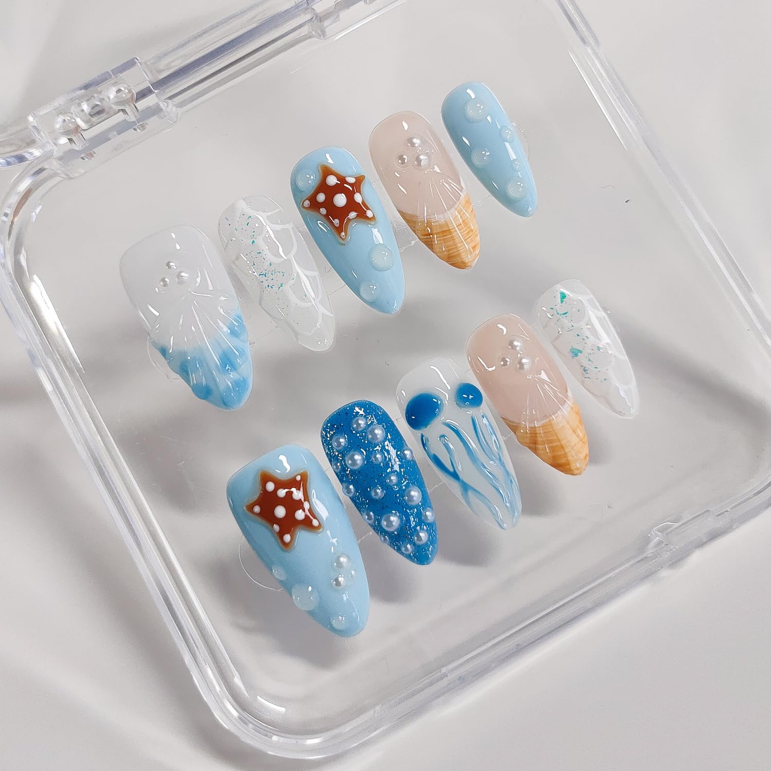 BRKYKGK 3D Handmade Press On Nails – Almond Medium Length, Blue French Tip with Jellyfish Pearls | 10 Pcs