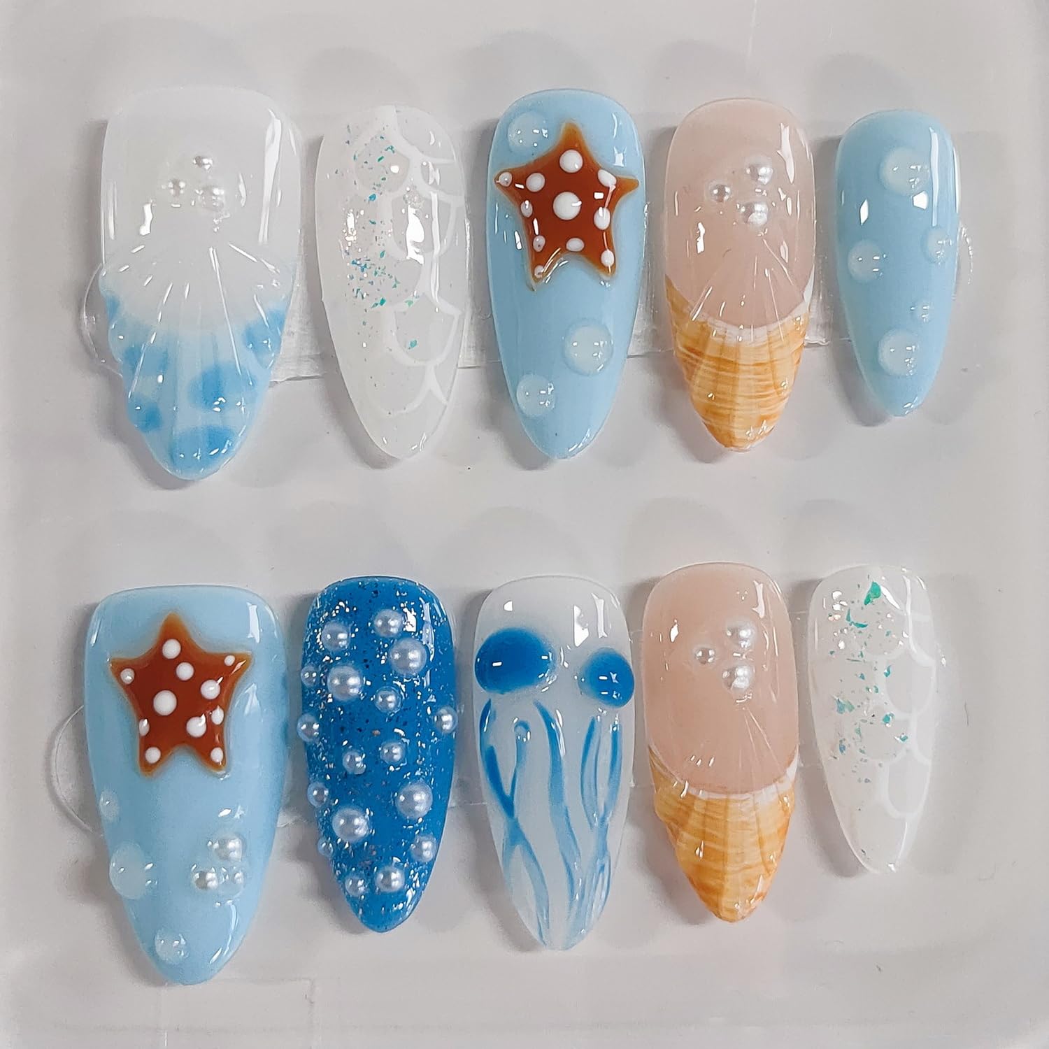 BRKYKGK 3D Handmade Press On Nails – Almond Medium Length, Blue French Tip with Jellyfish Pearls | 10 Pcs