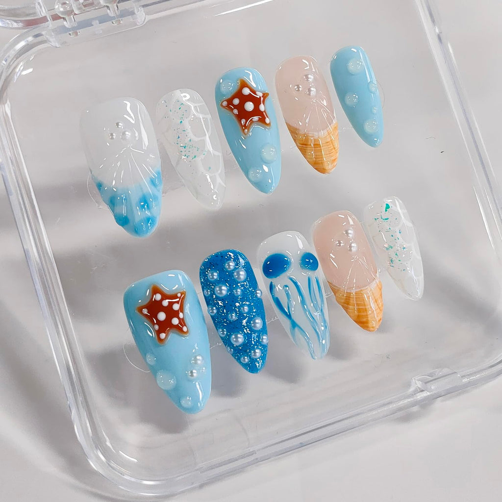 BRKYKGK 3D Handmade Press On Nails – Almond Medium Length, Blue French Tip with Jellyfish Pearls | 10 Pcs