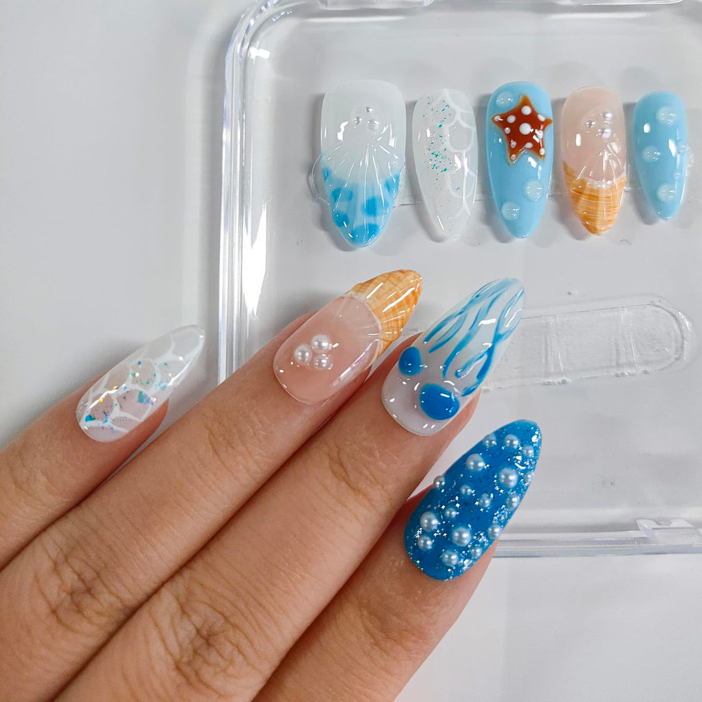BRKYKGK 3D Handmade Press On Nails – Almond Medium Length, Blue French Tip with Jellyfish Pearls | 10 Pcs