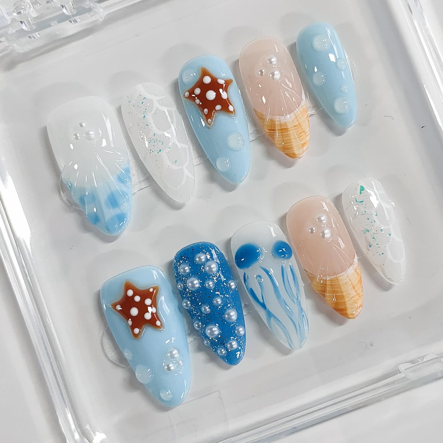 BRKYKGK 3D Handmade Press On Nails – Almond Medium Length, Blue French Tip with Jellyfish Pearls | 10 Pcs