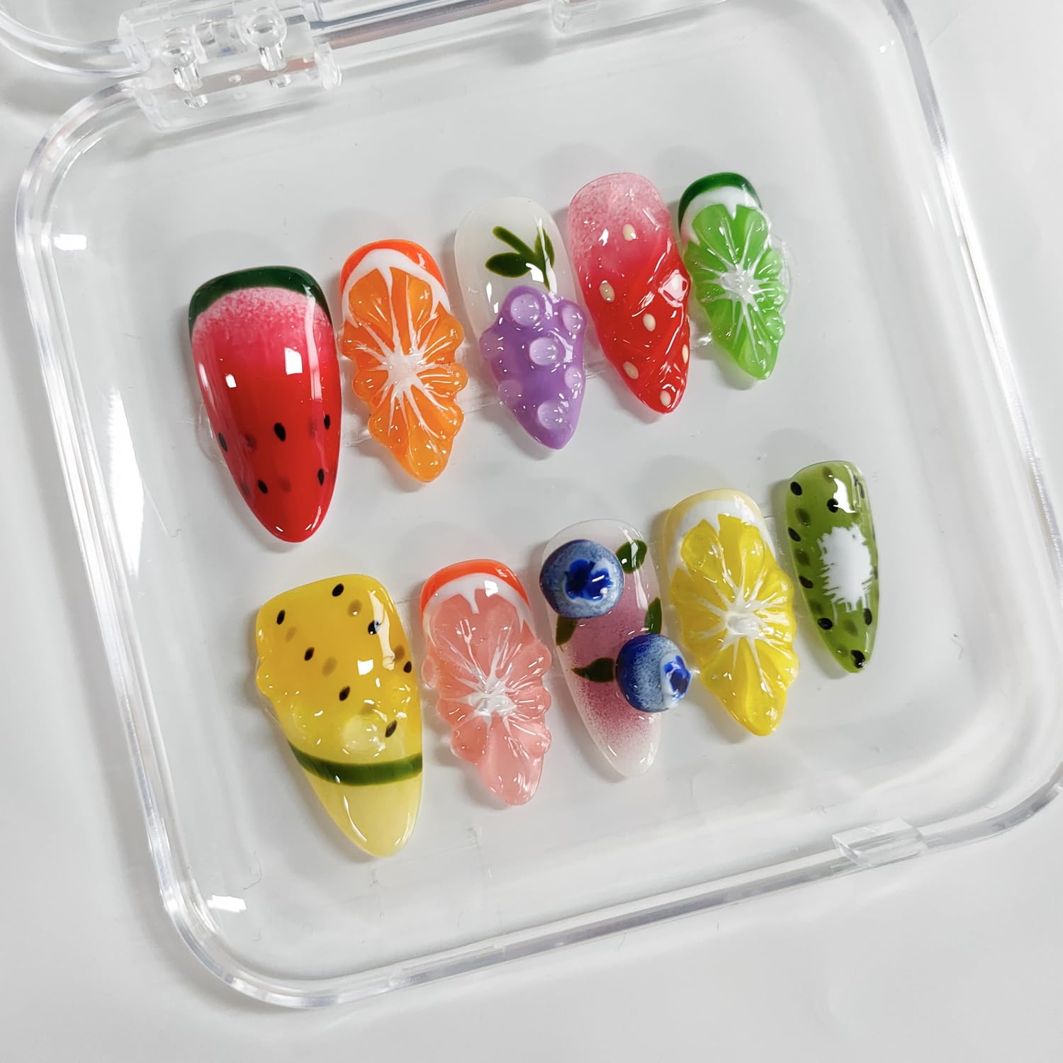 BRKYKGK Handmade Nails – 3D Fruit Almond Press-On Nails | Medium Length, Colorful Summer Nail Art