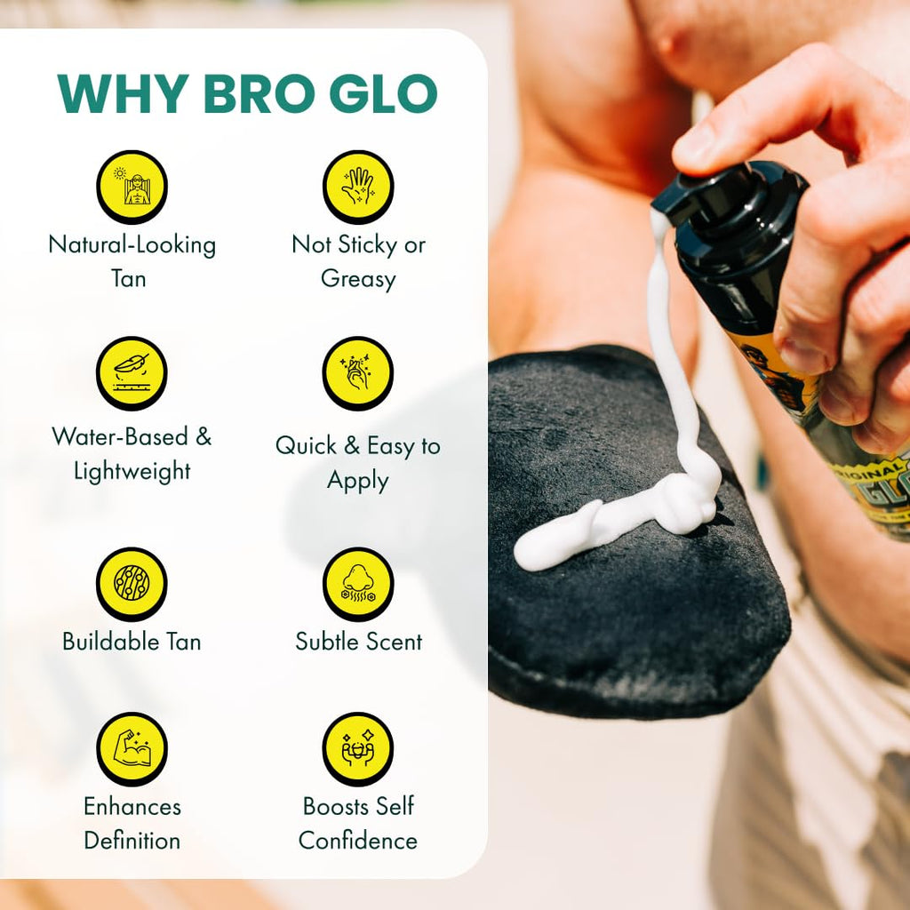 Bro Glo Self Tanner for The Boys – Quick-Apply Water-Based Foam, No Orange, Oil-Free, 6.76 fl oz