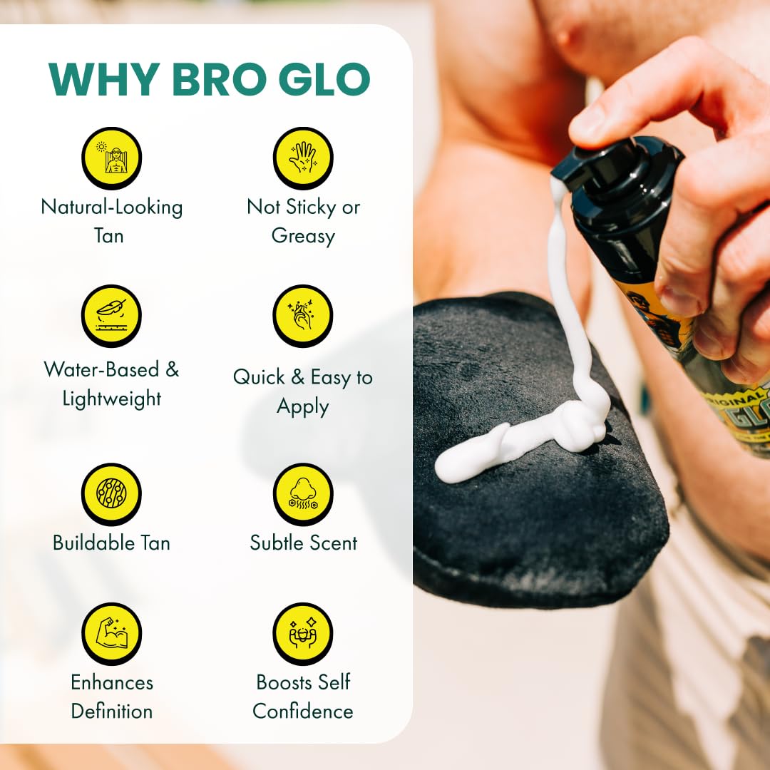 Bro Glo Self Tanner for The Boys – Quick-Apply Water-Based Foam, No Orange, Oil-Free, 6.76 fl oz