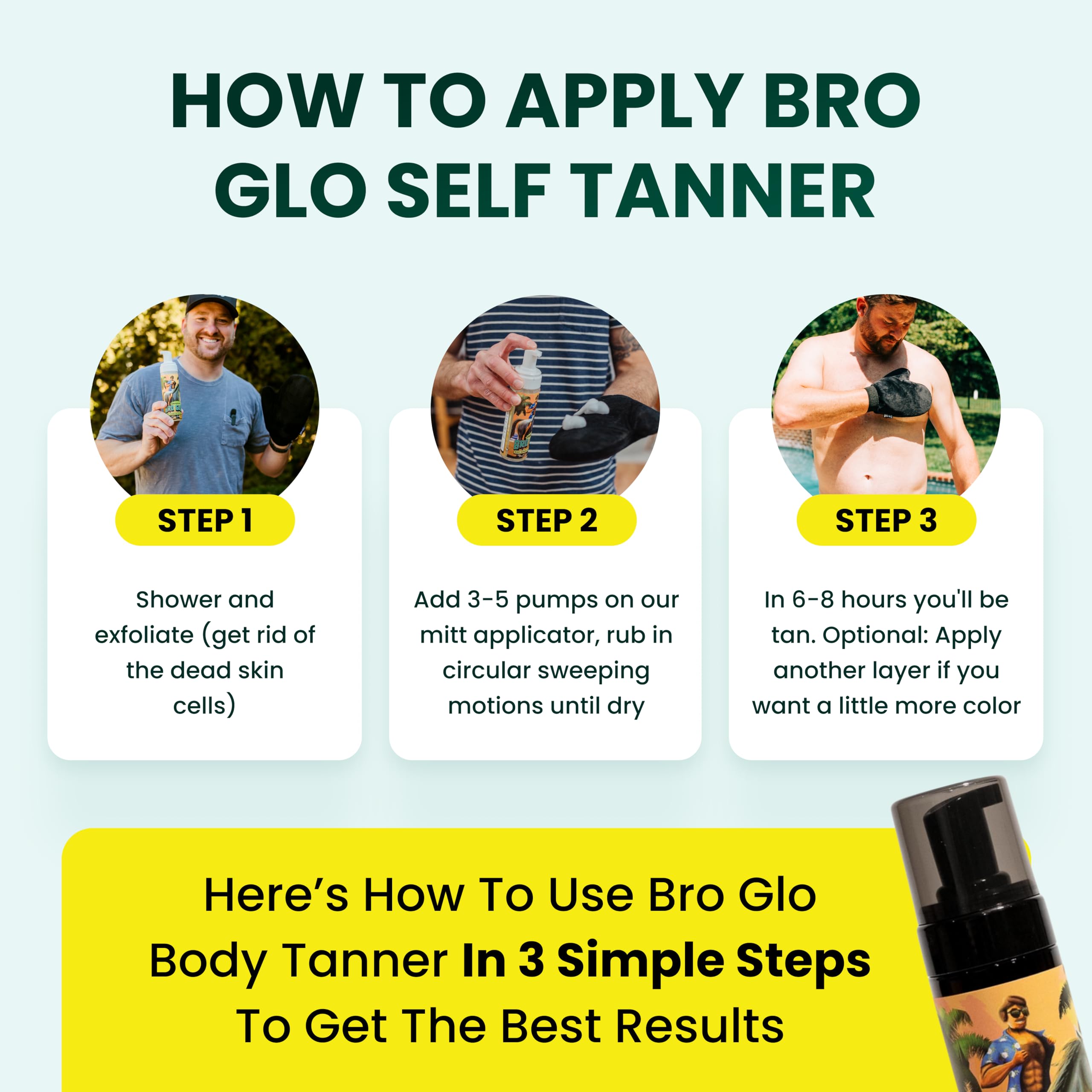 Bro Glo Self Tanner for The Boys – Quick-Apply Water-Based Foam, No Orange, Oil-Free, 6.76 fl oz