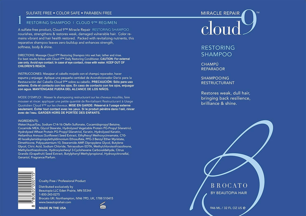 Brocato Cloud 9 Restoring Shampoo 32oz | Miracle Repair for Damaged Hair