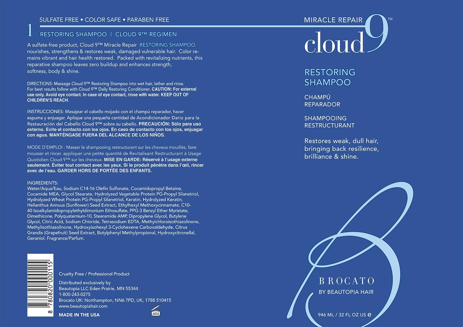 Brocato Cloud 9 Restoring Shampoo 32oz | Miracle Repair for Damaged Hair