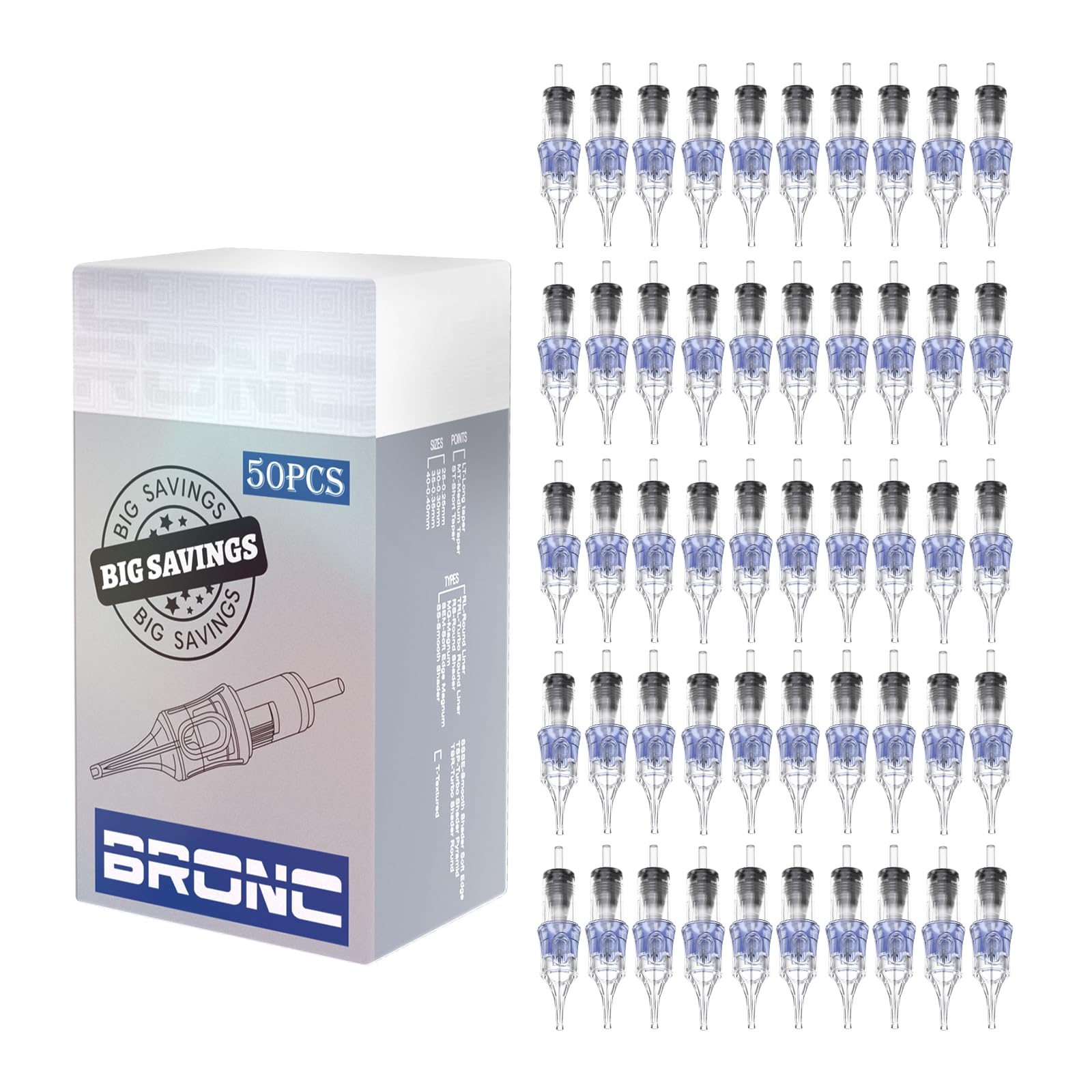 BRONC 50PCS Tattoo Cartridge Needles 1001RL – 0.30mm Round Liner #10 Bugpin