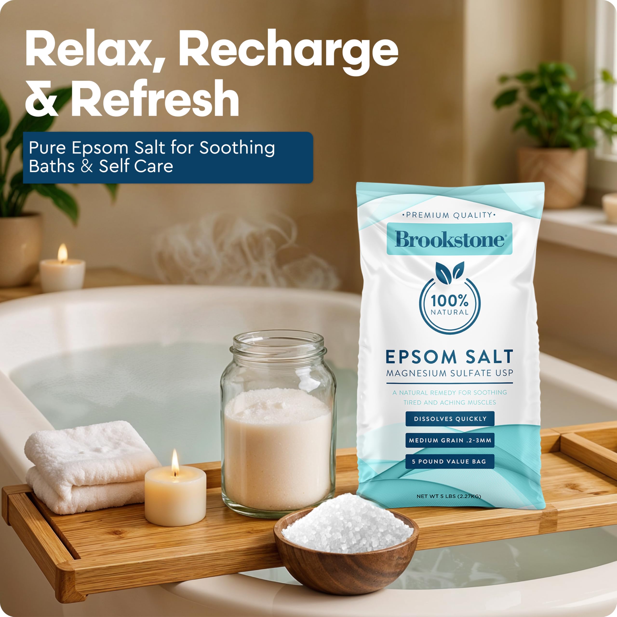 Brookstone 5 lb Epsom Salt Bulk Bag – Premium USP Magnesium Sulfate, Medium Grain, Unscented Bath Salt for Soak, Foot Care, and Home Use