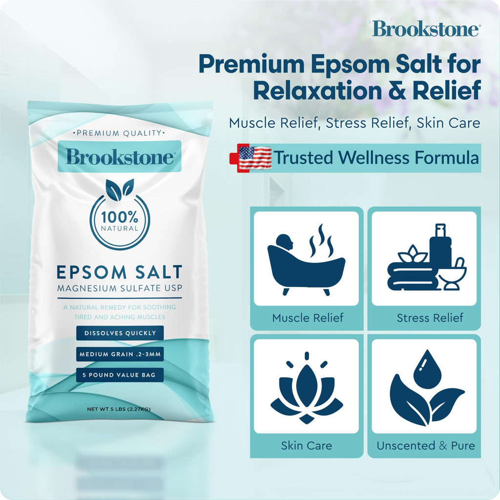 Brookstone 5 lb Epsom Salt Bulk Bag – Premium USP Magnesium Sulfate, Medium Grain, Unscented Bath Salt for Soak, Foot Care, and Home Use