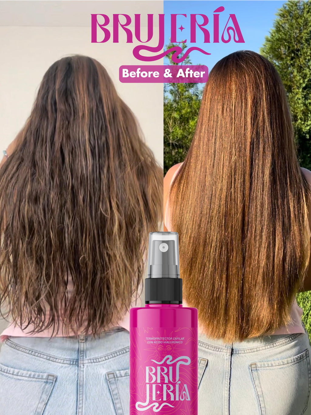 Brujeria Hair Heat Protectant Spray - Anti-Frizz & Straightening Formula with Hyaluronic Acid, Argan & Babassu Oils | Pink