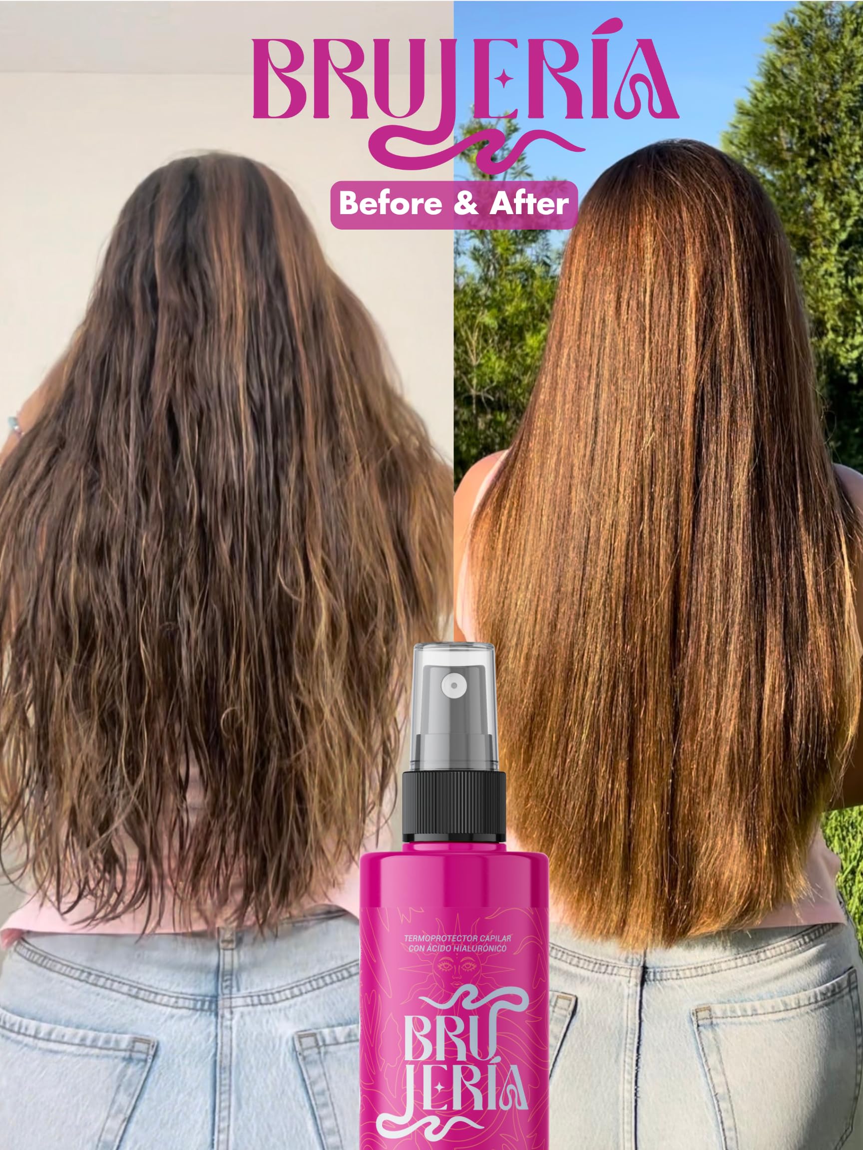 Brujeria Hair Heat Protectant Spray - Anti-Frizz & Straightening Formula with Hyaluronic Acid, Argan & Babassu Oils | Pink