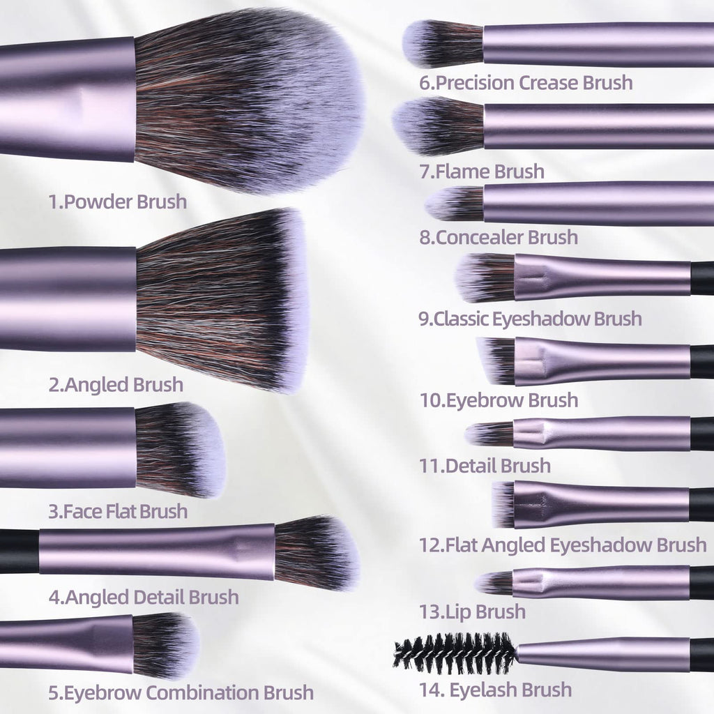 BS-MALL Travel Makeup Brush Set (14 Pcs) with LED Light Mirror — Purple Case