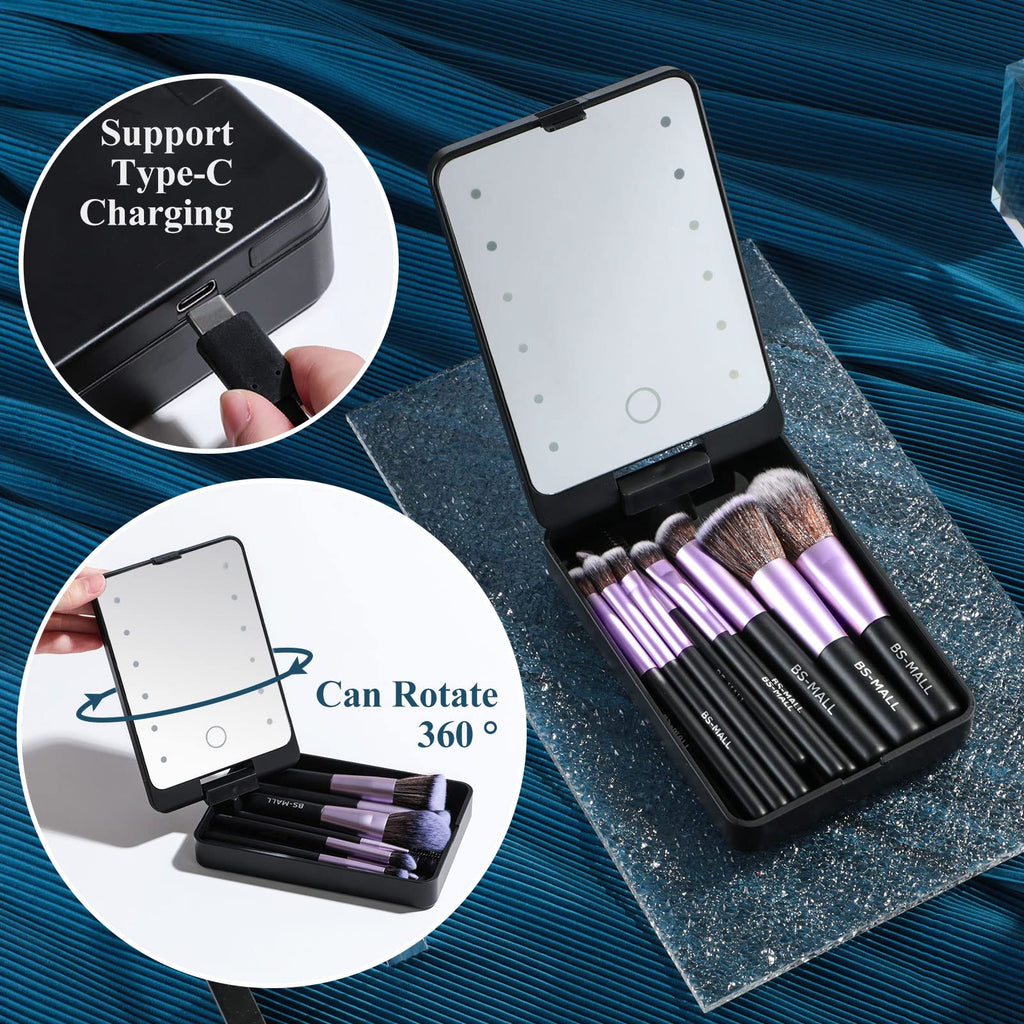 BS-MALL Travel Makeup Brush Set (14 Pcs) with LED Light Mirror — Purple Case