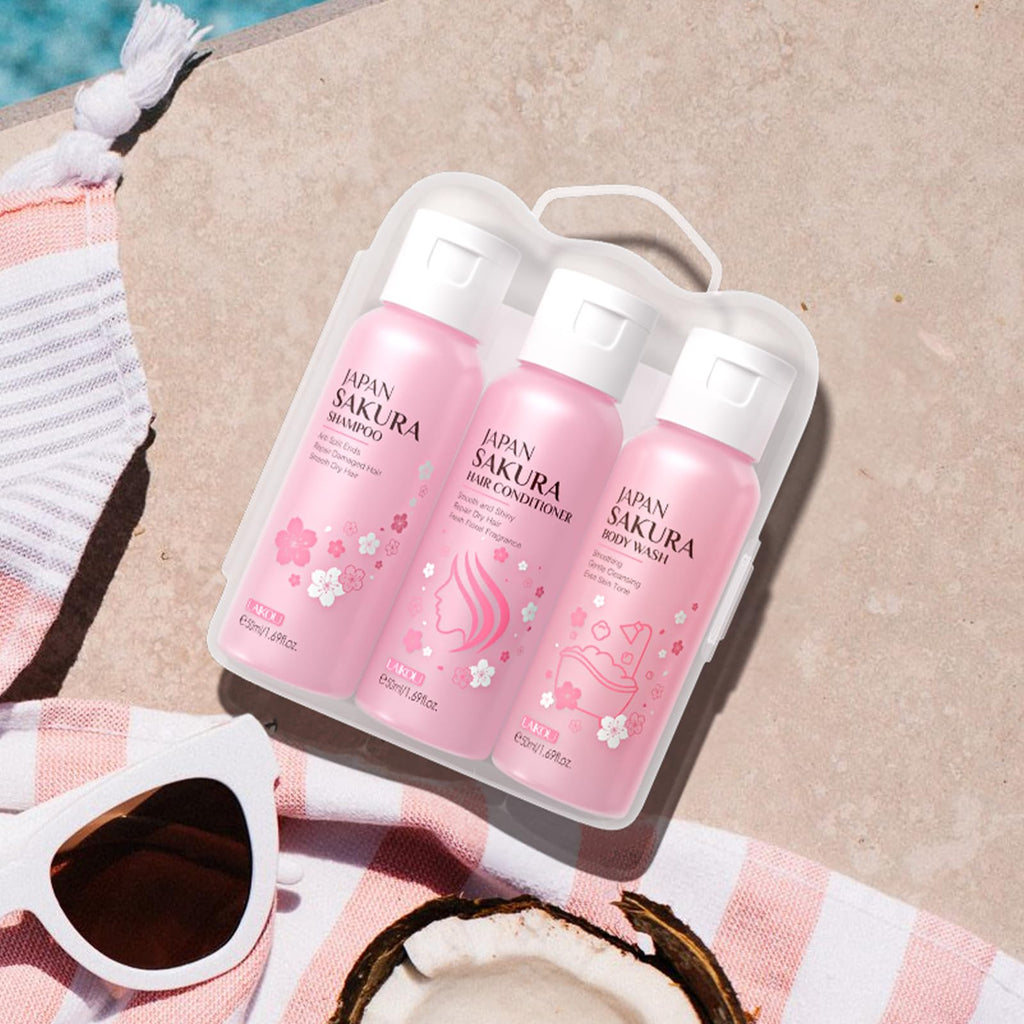BSMKCL Travel Size Sakura Mini Kit – 3pc Bath & Hair Care Set with Vitamin C