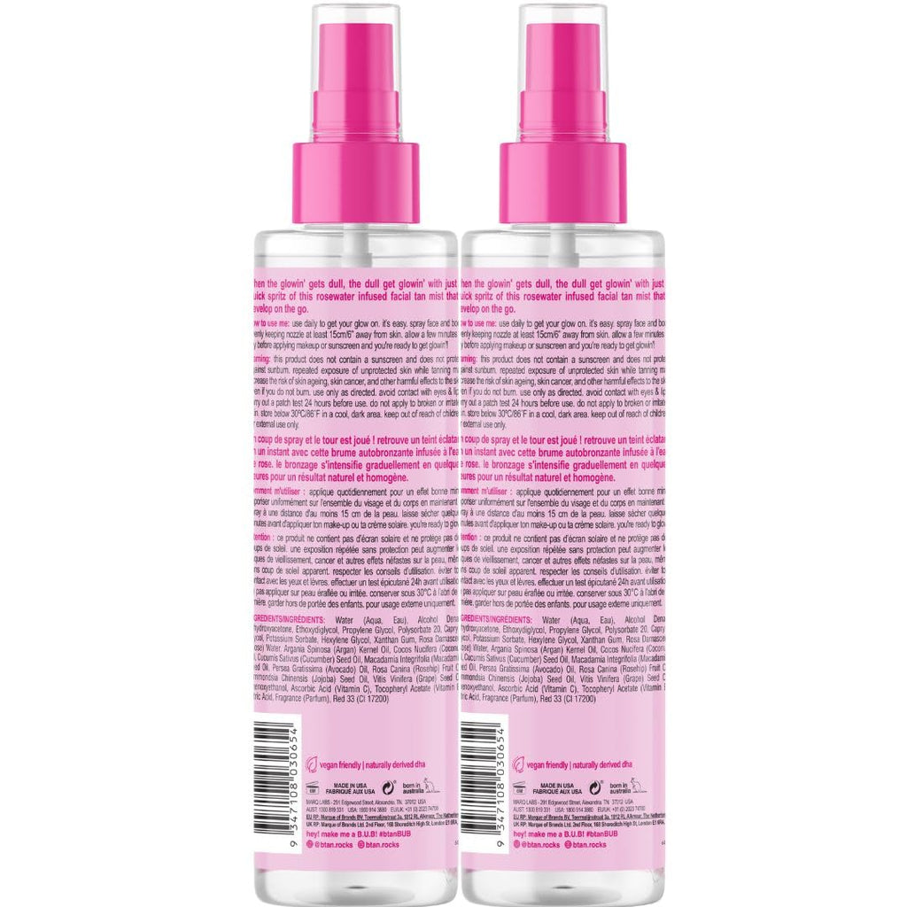 B.TAN Clear Face Tan Mist Bundle – Rosewater Facial Tanner, Buildable Glow, 6.7 fl oz x2
