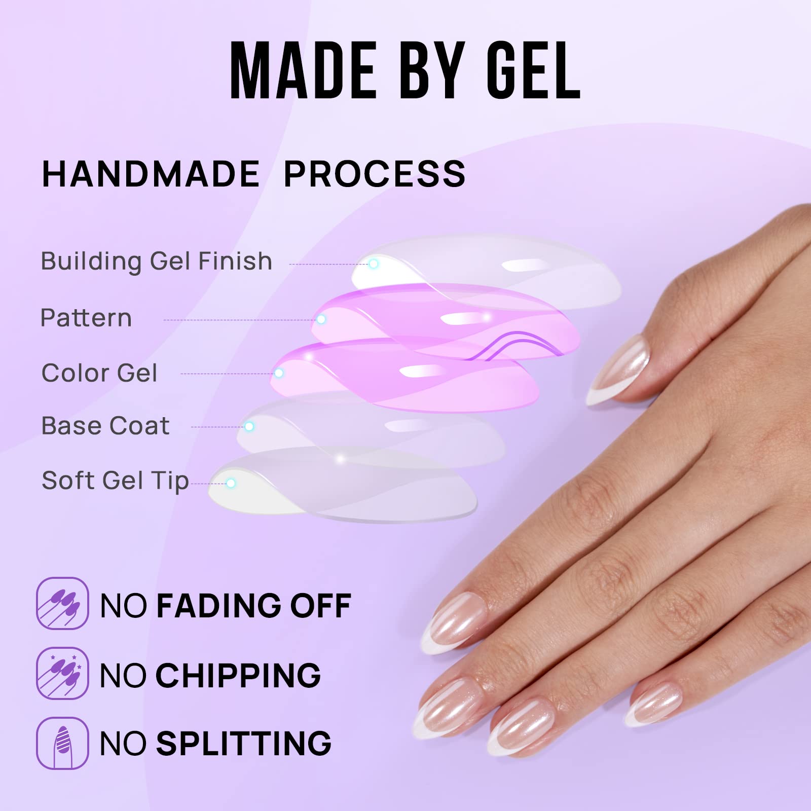 BTArtbox French Tip Press On Nails: White Almond Medium Gel Nails Kit (15 Sizes)