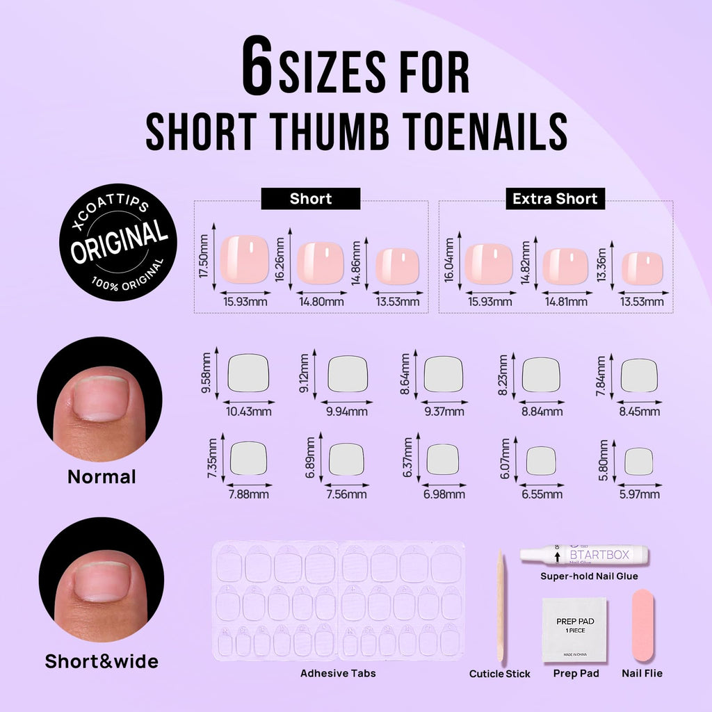 BTArtbox Chrome Press On Toenails – Pink Short Square, 32 Nails Kit (16 Sizes) | Honey Trap