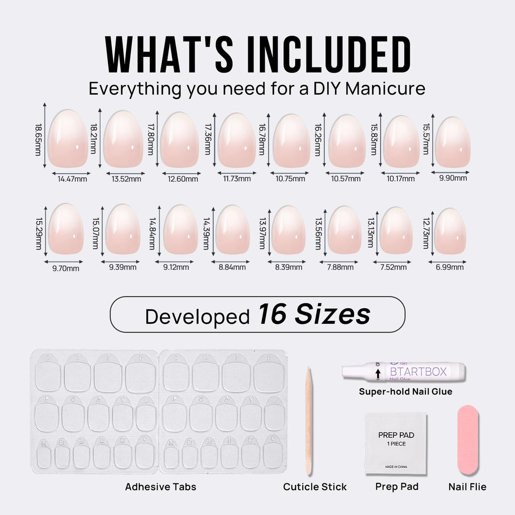 BTArtbox Almond Press On Nails - Extra Short Nude White Ombre Soft Gel, 16 Sizes, 32 Nails Kit