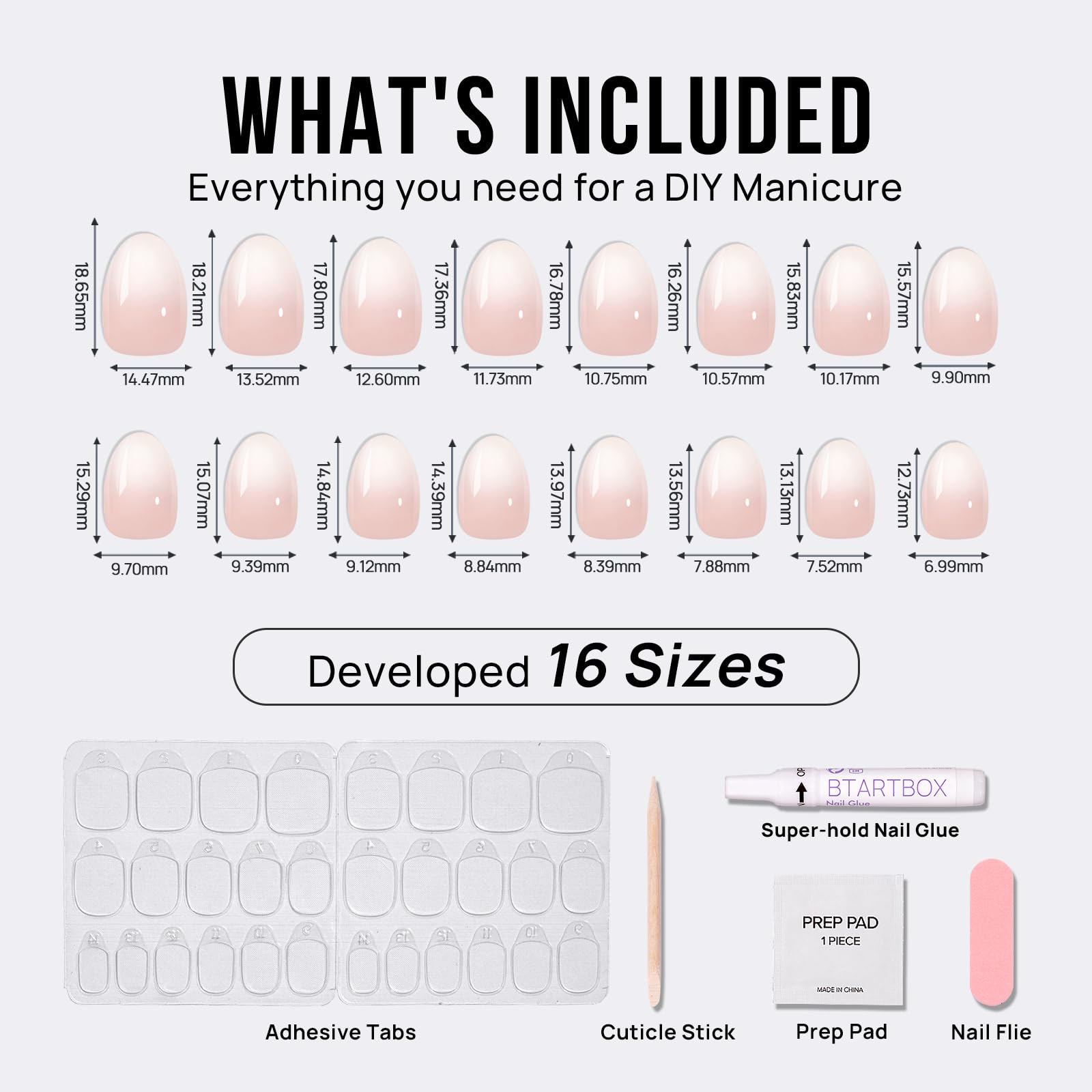 BTArtbox Almond Press On Nails - Extra Short Nude White Ombre Soft Gel, 16 Sizes, 32 Nails Kit