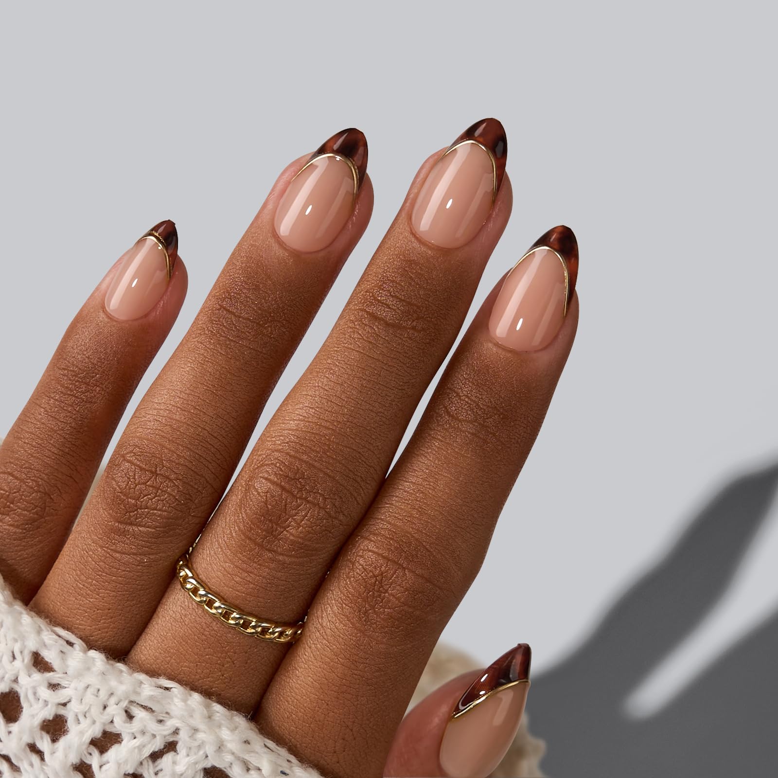 BTArtbox Press On Nails Short Almond - Tortoise Shell, Winter French Tip Press On Nails, Soft Gel Fake Nails Brown, Reusable Glue On Nails with Nail Glue in 16 Sizes, 32 Stick On Nail Kit