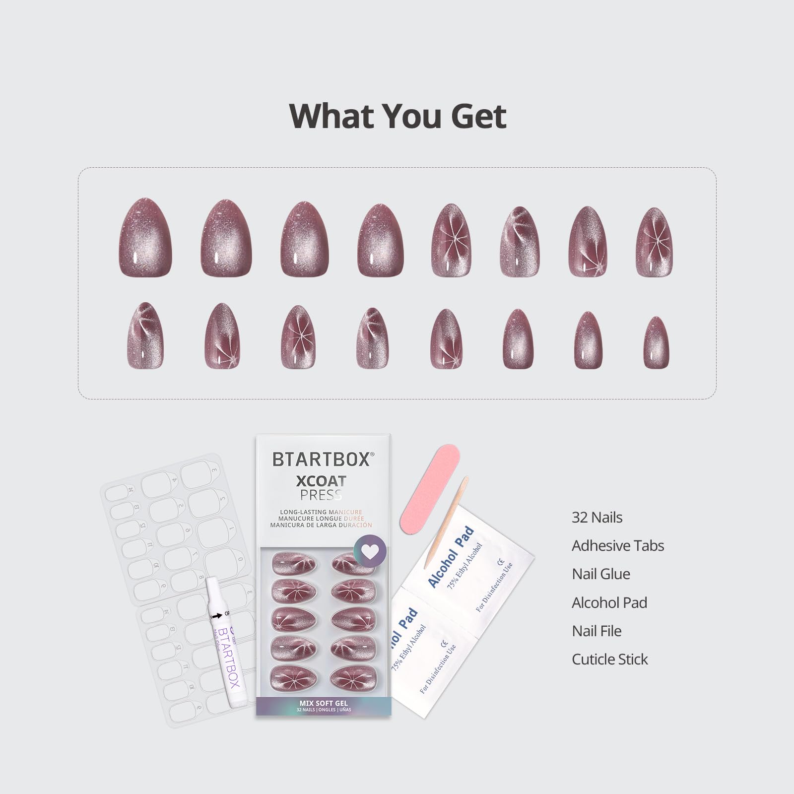 BTArtbox Berry Spark Press On Nails Kit - 32 Soft Gel Glue-On Almond Nails (16 Sizes)