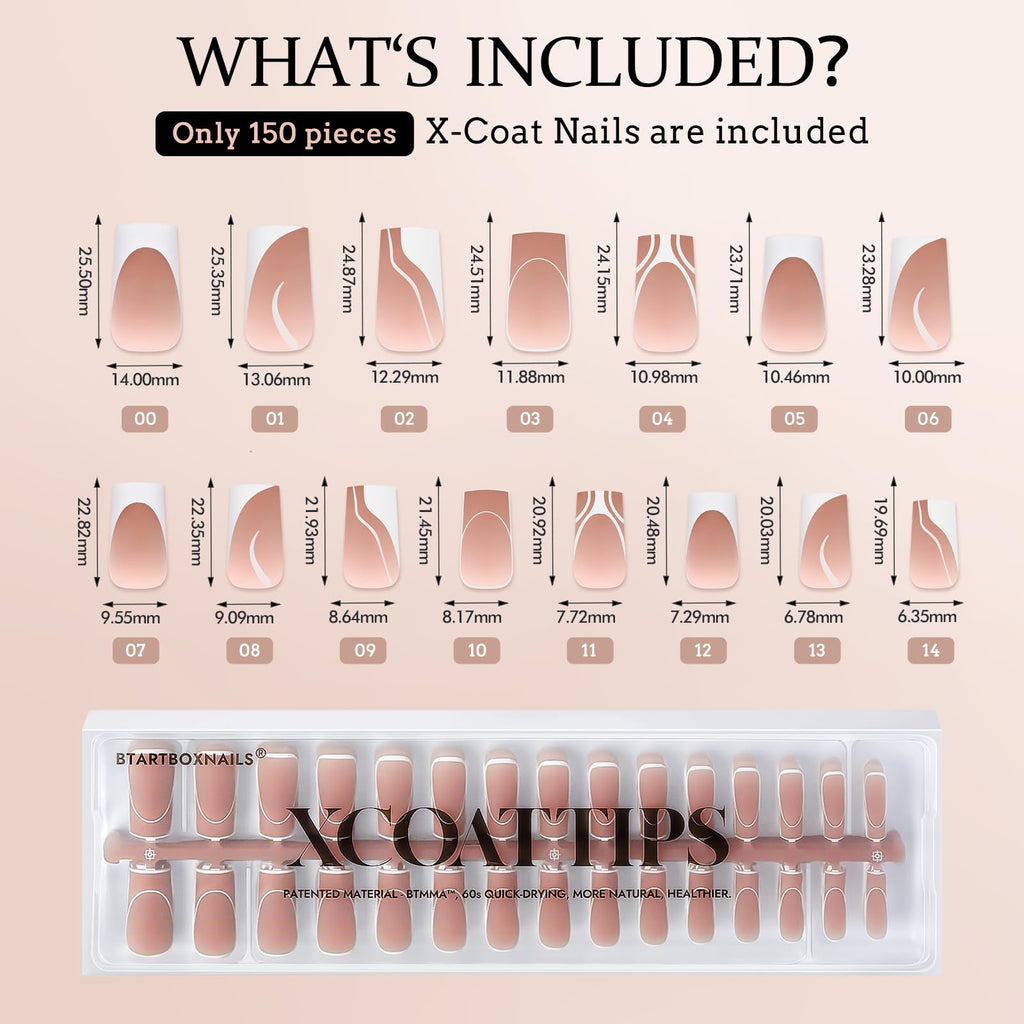 BTArtbox French Tip Press-On Nails with XCOATTIPS – 5 Styles, Short Coffin, 150pcs