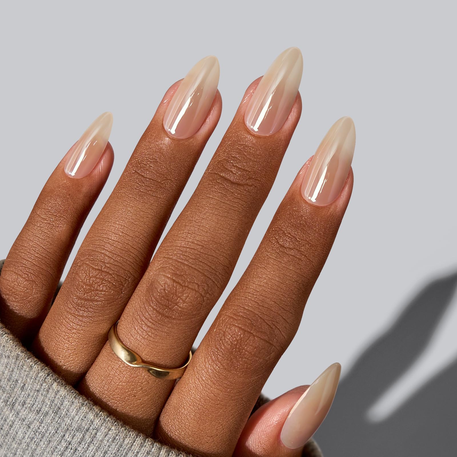 BTArtbox Press On Nails Medium Almond – Chrome Finish, Glazed Donut, 16-Size Nude Glue-On Nails