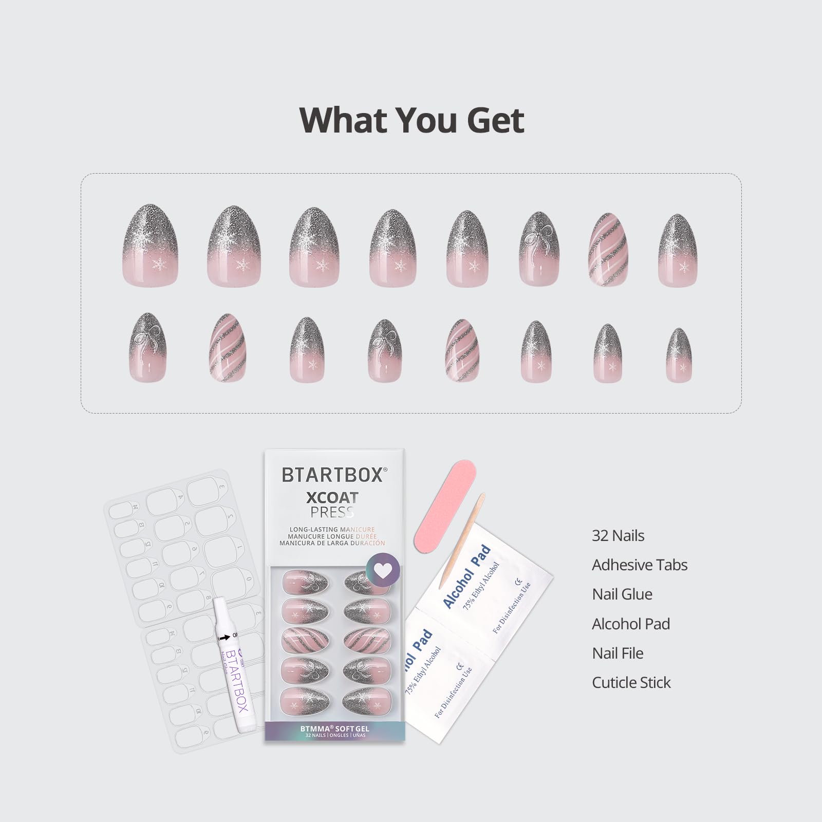 BTArtbox French Tip Press On Nails – Sparkle Bow, Lamp-Curable Short Almond Kit